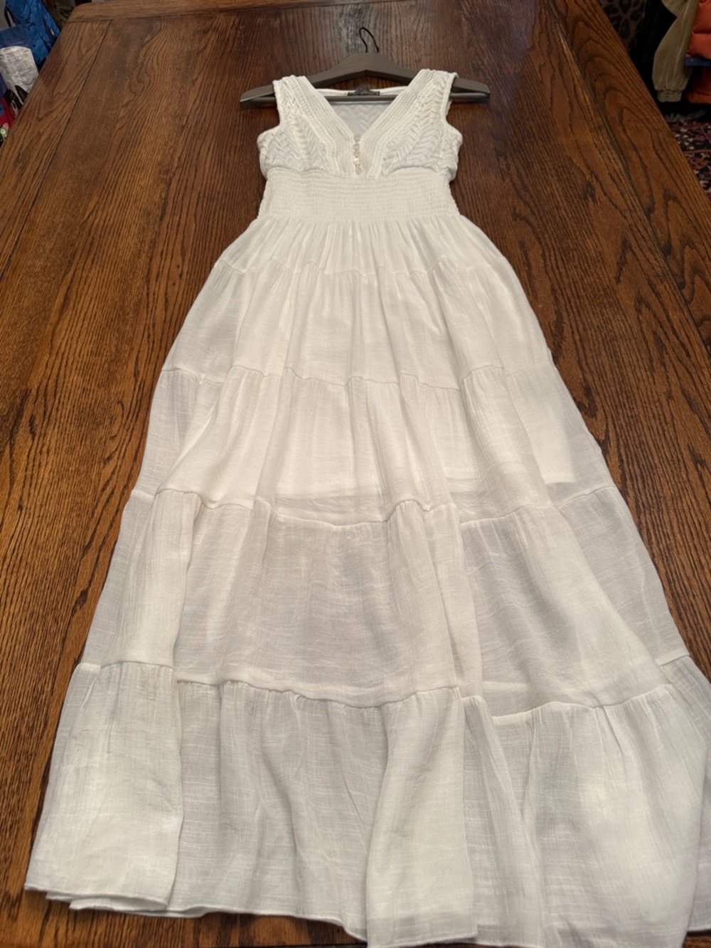 White milkmaid coquette  gauzy Maxi Dress  Tiered Boho Romantic XS